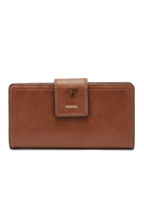 Women's Fossil Brown Fordham Rams Leather Logan RFID Tab Clutch