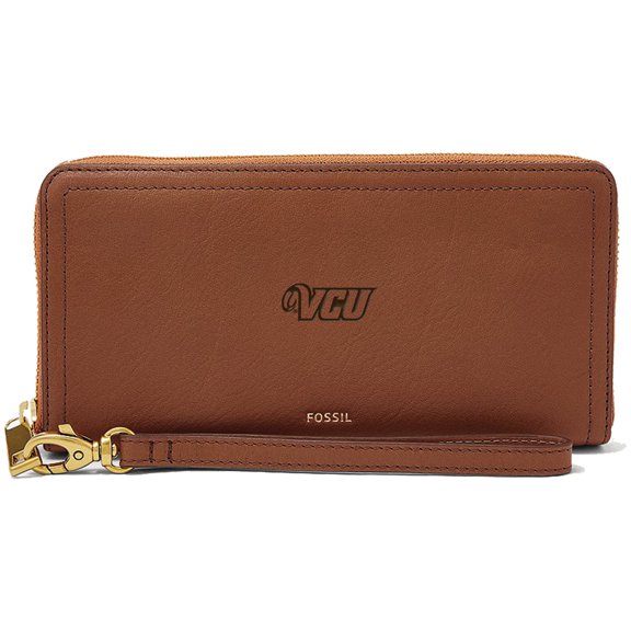 Women's Fossil Brown VCU Rams Leather Logan RFID Zip Around Clutch