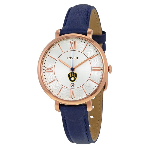 Women's Fossil Gold/Navy Milwaukee Brewers Jacqueline Leather Watch