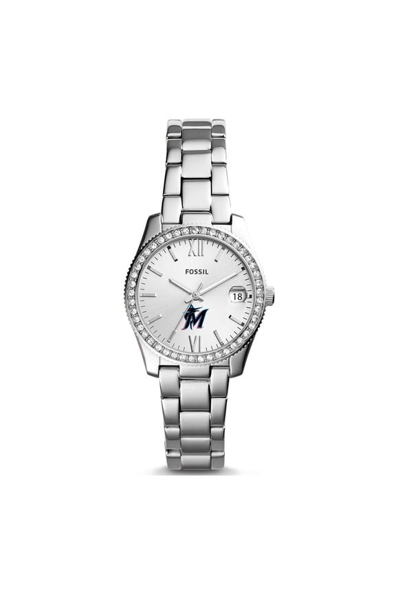 Women's Fossil Silver Miami Marlins Scarlette Stainless Steel Watch