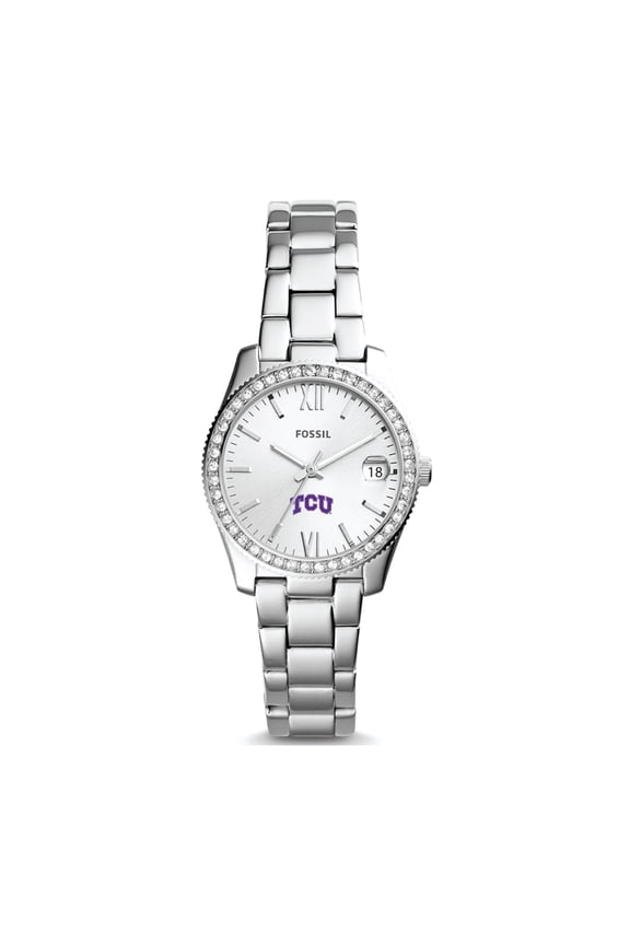 Women's Fossil Silver TCU Horned Frogs Scarlette Mini Three-Hand Date Watch