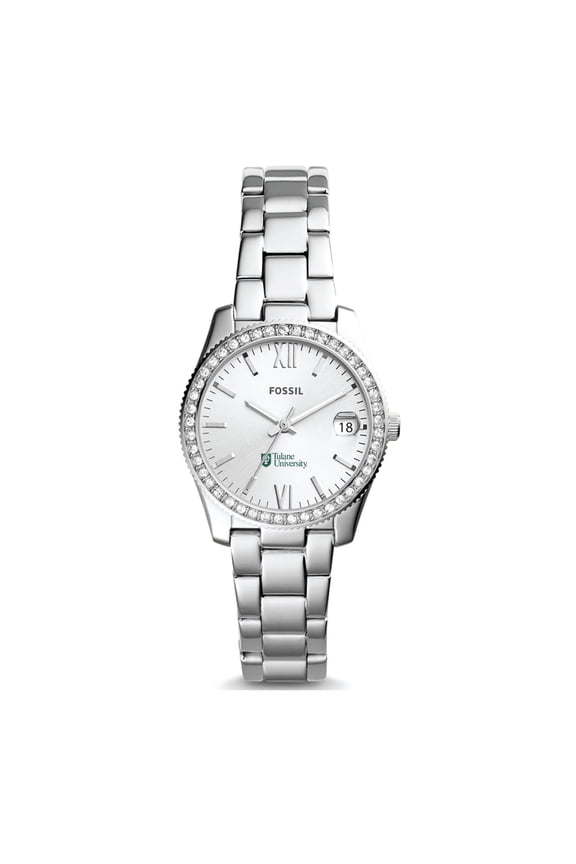 Women's Fossil Silver Tulane Green Wave Scarlette Mini Three-Hand Date Watch