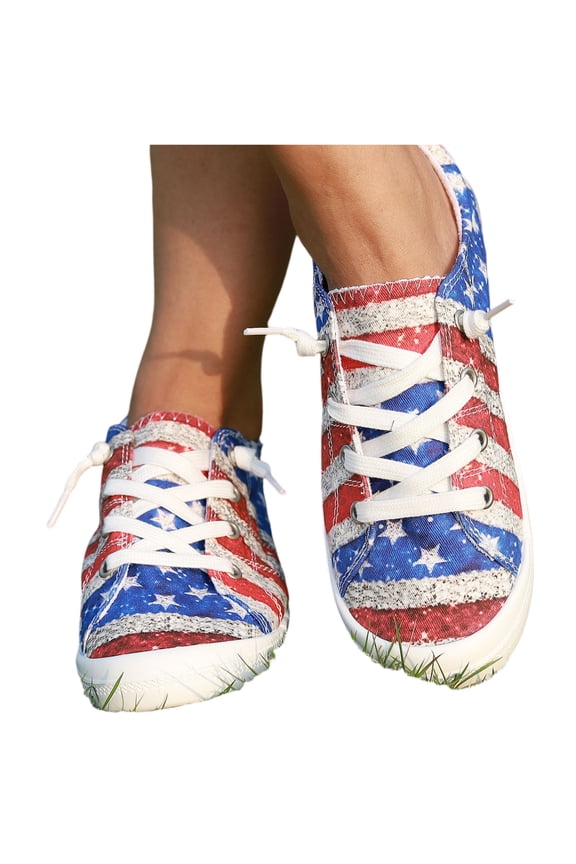 Women's Fourth of July Shoes for Women American Flag Sneakers Patriotic Canvas Slip-Ons Lightweight Breathable Non-Slip Durable Casual Shoes for Women Outdoor Walking 4th of July Events,Blue 37