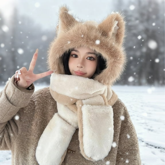 Women's Fox Ear Plush Trapper Hat with Integrated Scarf, Winter Warm Hat with Chin Strap, Cute Animal Ear Bonnet, Windproof Fuzzy Ear Cap for Cold Weather - Beige