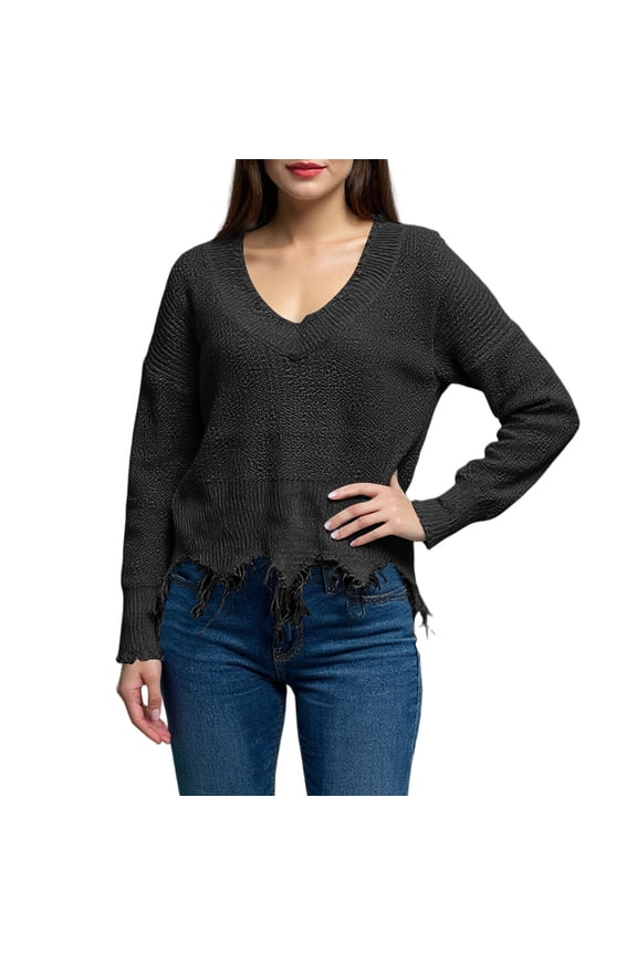 Women's Frayed Hem Crop Sweater V-Neck Long Sleeve Casual Pullover (Black, 2XL)
