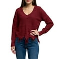 thumbnail image 1 of Women's Frayed Hem Crop Sweater V-Neck Long Sleeve Casual Pullover (Wine, S), 1 of 5