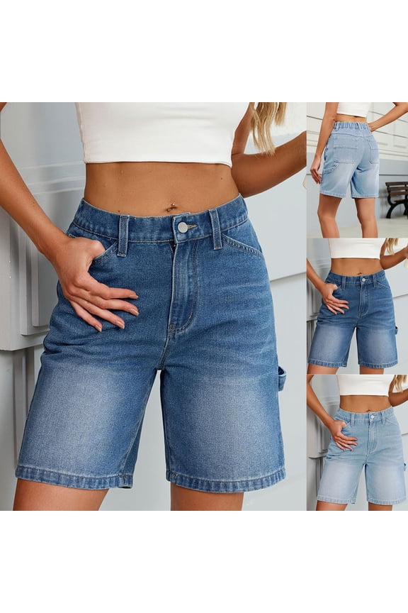 Women's Frayed Hem Denim Shorts, High Waist with Adjustable Waistband and Pockets, Trendy Half-Length Shorts for Casual | TruHer,Blue 2XL