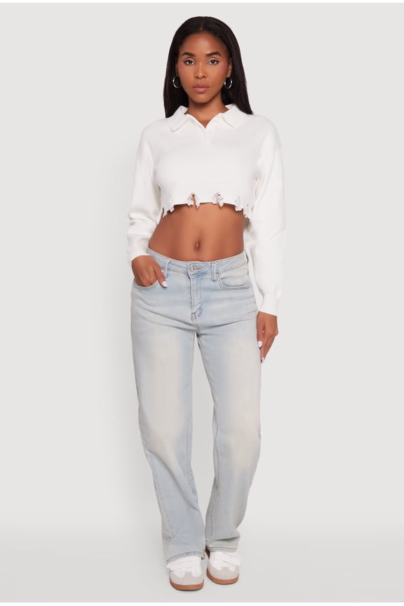 Women's Frayed High Low Hem Cropped Long Sleeve Sweater