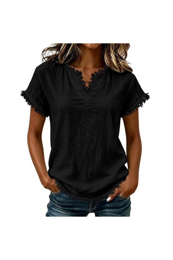 Women's Frayed Trim Short Sleeve Shirts Summer Oversized Trendy Notch V-Neck Plain Blouses Light Casual Daily Wear Tops Black