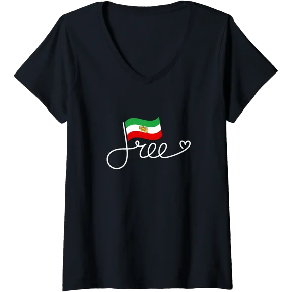 Women's Free Iran Flag - Stylish V-Neck Design with Cursive 'Free' - Durable Outdoor Decor