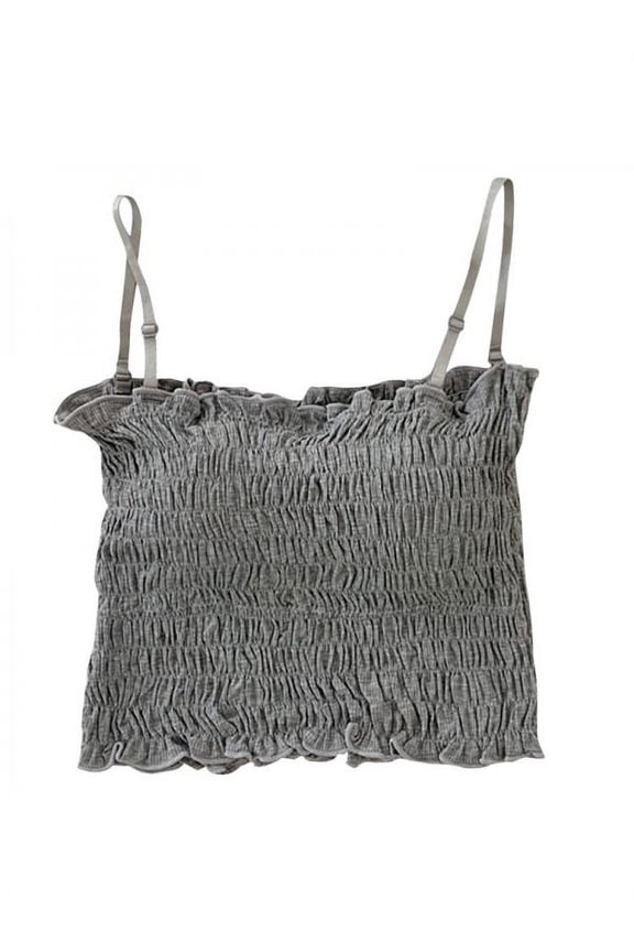 Women's Free Size Casual Frill Smocked Crop Cami Tank Spaghetti Strap Sleeveless Summer Top