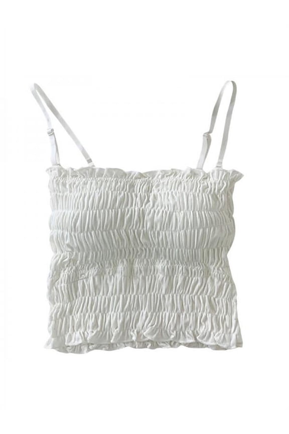 Women's Casual Frill Smocked Crop Cami Tank Spaghetti Strap Sleeveless Top,One Size