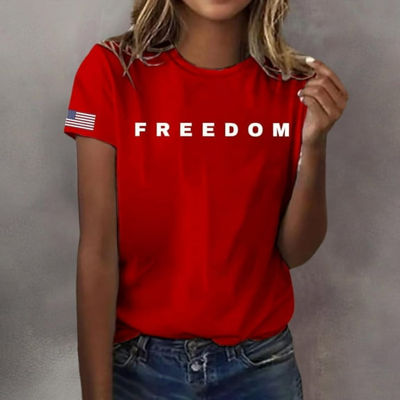 Women's Freedom Print Casual T-Shirt, Comfortable and Breathable Shirt for Famale, Red, M