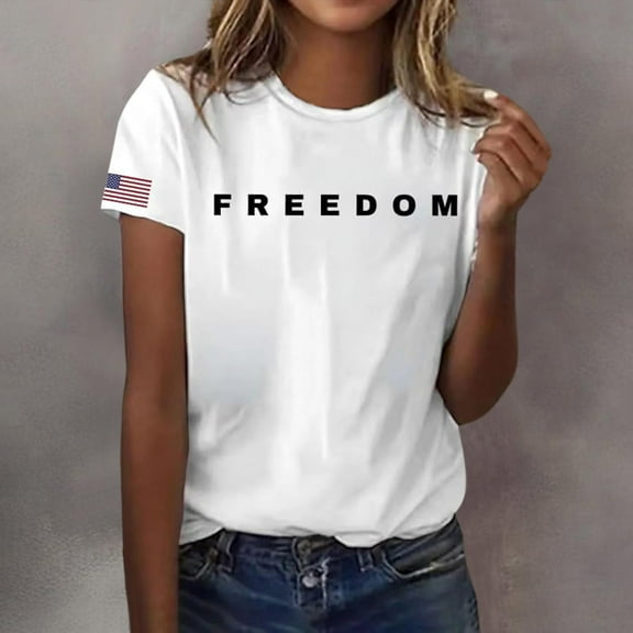 Women's Freedom Print Casual T-Shirt, Comfortable and Breathable Shirt for Famale, White, M