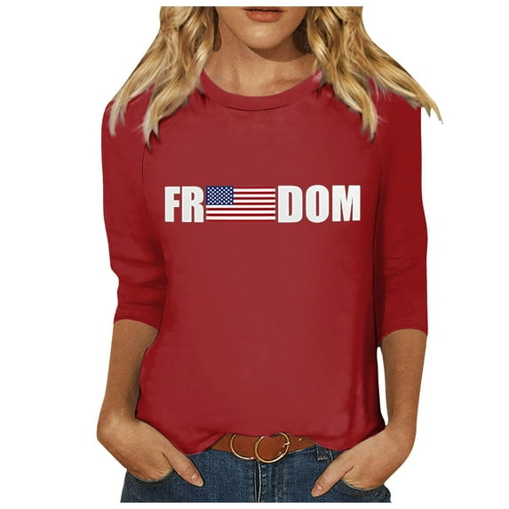 Women's Freedom Shirts Fashion USA Flag Letter Print 3/4 Sleeve Crewneck Tops Casual Dressy Classic Fit Blouses Z001-Red L