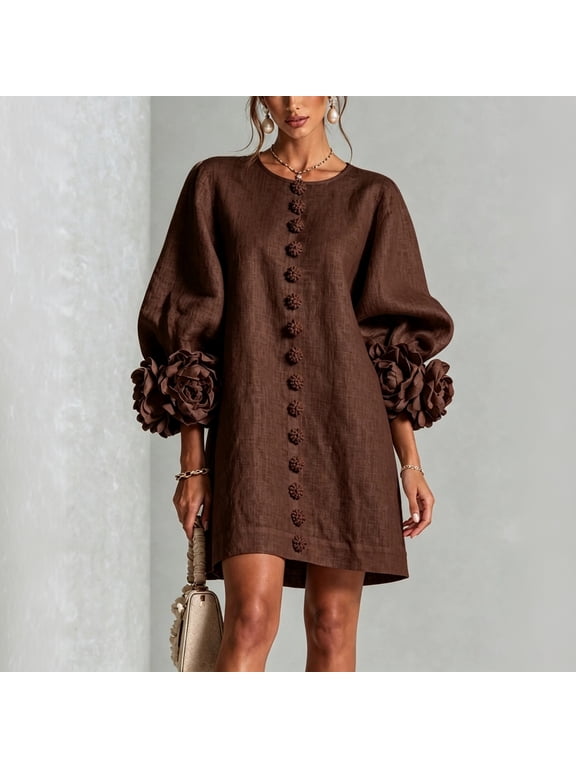 Women's French 3D Floral Lantern Sleeve Cotton Linen Dress, Round Neck Button Front Elegant Casual Shift Dress for Daily Party Wear 03-Brown L