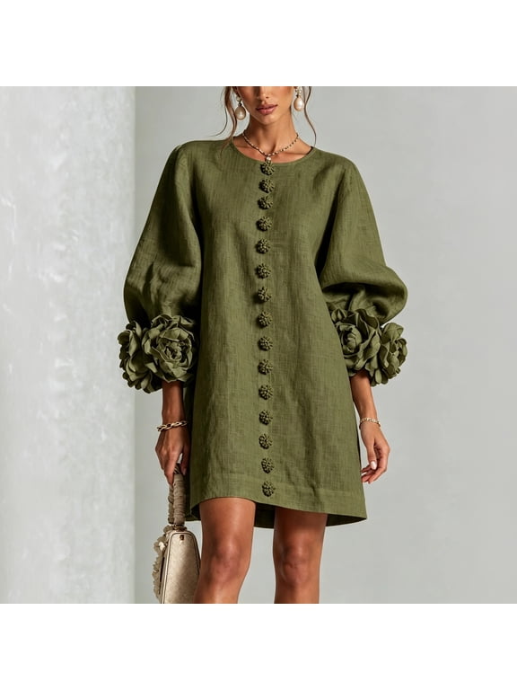 Women's French 3D Floral Lantern Sleeve Cotton Linen Dress, Round Neck Button Front Elegant Casual Shift Dress for Daily Party Wear 05-Green S
