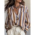 thumbnail image 1 of Women's French Boho Blue Brown Striped Draped Blouse Button Front Loose Fit Long Sleeve Top with Pocket for Layering with Necklaces, 1 of 3