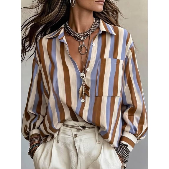 Women's French Boho Blue Brown Striped Draped Blouse Button Front Loose Fit Long Sleeve Top with Pocket for Layering with Necklaces