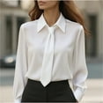 thumbnail image 1 of Women's French Collar Long Sleeve T-Shirt with Matching Tie, Solid Color Business Casual Blouse, Elegant Pullover Top for Work, Office, Fall Spring Daily Outfits White M, 1 of 9