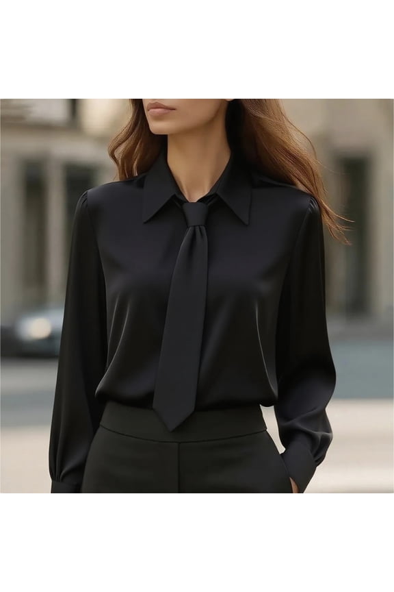Women's French Collar Long Sleeve T-Shirt with Matching Tie, Solid Color Business Casual Blouse, Elegant Pullover Top for Work, Office, Fall Spring Daily Outfits Black S