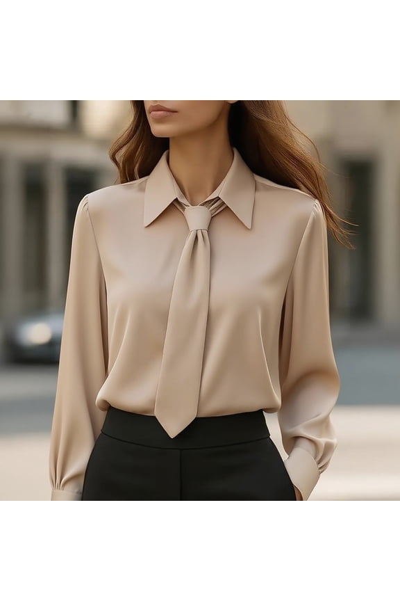Women's French Collar Long Sleeve T-Shirt with Matching Tie, Solid Color Business Casual Blouse, Elegant Pullover Top for Work, Office, Fall Spring Daily Outfits Khaki S