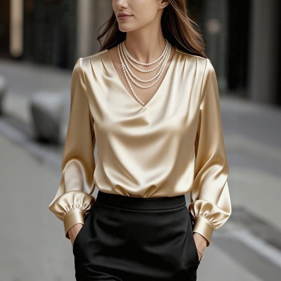 Women's French Elegant Satin Blouse, Puff Sleeve V Neck Long Sleeve Shirt, Versatile Work Office and Casual Date Night Tops for Women Beige L