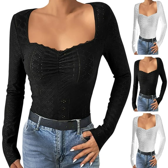 Women's French Neck Embroidered Eyelet Pleated T-Shirt Top Blouse, Long Sleeve Slim Fit Solid Color, Casual Work Office Vacation Outfits Fashion Essential Gift for Women | Aestivo,Black XL