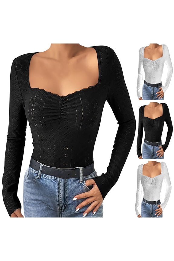 Women's French Neck Embroidered Eyelet Pleated Top Shirt Blouse Long Sleeve Slim Fit Solid Color Casual Daily Wear Work Office Fashion Essential Gift | Sopatenor,Black XL