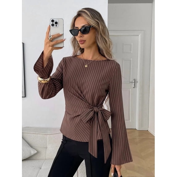 Women's French Old Money Style Brown Striped Tie Waist Blouse Boat Neck Long Sleeve Fitted Top for Fall Winter Office Commute Daily Outfits with Black Pants
