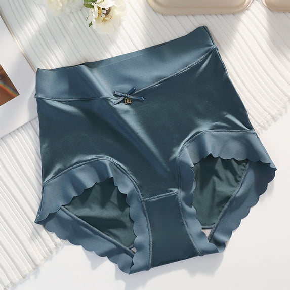 Women's French Retro Satin Panties Pearlescent Silky Ice Silk Quick Dry Lingerie Elegant Briefs Blue 2XL