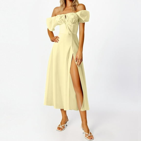 Women's French Off Shoulder Long Skirt With Floral Slit Flowing A Line Casual Beach Long Skirt Long Evening Dress Rose Bridesmaid Dress in plus Size Gowns for Short Women plus Size Fancy Dresses Women