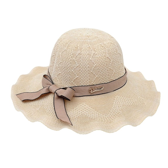 Women's French Style Handmade Woven Bucket Sun Hat, Wide Brim Ruffled Bow Crochet Hollow Cap, Breathable Lightweight Foldable Summer Hat for Vacation Beach Travel Coffee