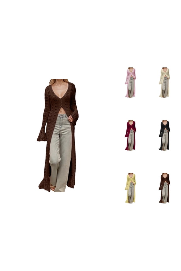 Women's French Style Lace Up Flared Sleeve Knit Cardigan Long And Loose Hem Design Cardigan Sweaters for Women