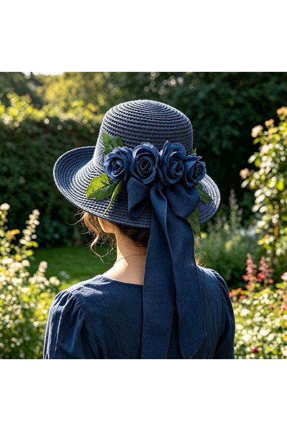 Women's French Style Romantic Purple Bucket Hat with Rose Decoration Ribbon Trim Wide Brim Sun Hat for Outdoor Travel Beach Streetwear