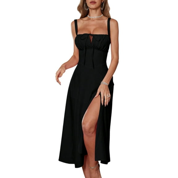 Women’s French Style Solid Color Slit Strap Dress – Sexy Summer Vacation Beach Party Sundress