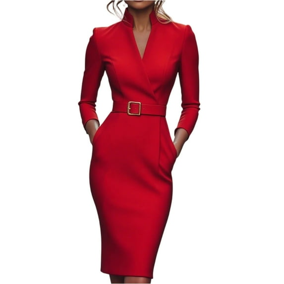 Women's French V-Neck Dress, Solid Color Belted Wrap Style Midi Dress, Elegant Cocktail Dress for Wedding Guest, Banquet & Evening Party Red L