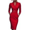 thumbnail image 1 of Women's French V-Neck Dress, Solid Color Belted Wrap Style Midi Dress, Elegant Cocktail Dress for Wedding Guest, Banquet & Evening Party Red S, 1 of 3