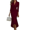 thumbnail image 1 of Women's French V-Neck Dress, Solid Color Belted Wrap Style Midi Dress, Elegant Cocktail Dress for Wedding Guest, Banquet & Evening Party Wine L, 1 of 3