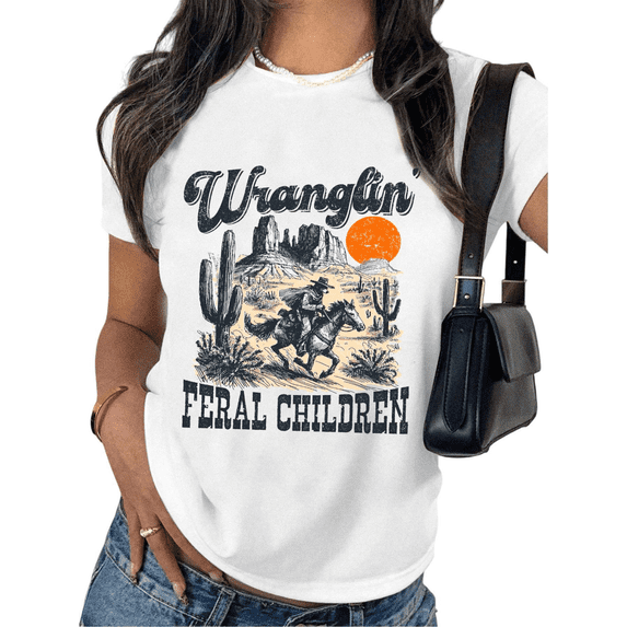 Women's Fresh Vintage "Wranglin' Feral Children" Desert Cowgirl Graphic Cotton T Shirt Short Sleeve Round Neck Top White S-5XL