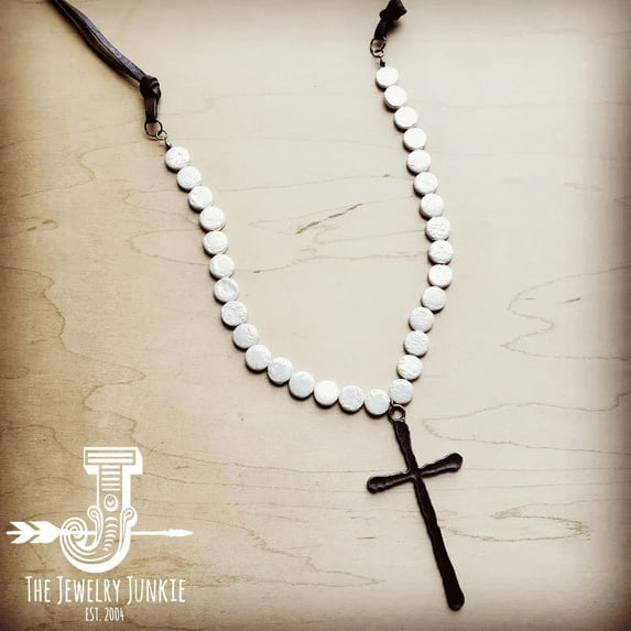 Women's Freshwater Pearl Coin Necklace With Copper Cross - 243B