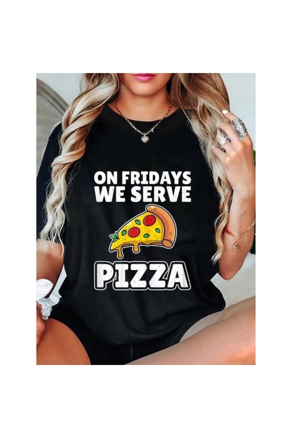 Women's Friday Pizza Graphic Comfortable T Shirt Casual Cotton Short Sleeve Round Neck Top Black S-5XL