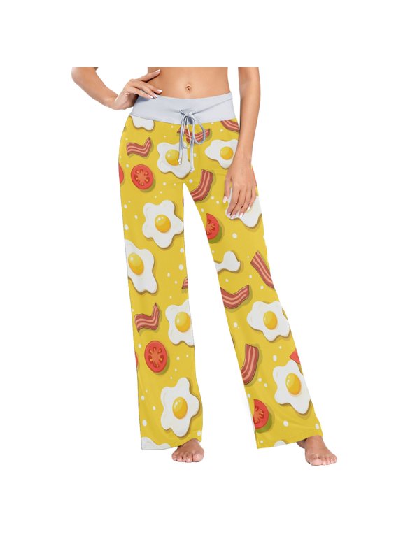 Women's Fried Eggs Bacon Tomatoes Comfy Stretch Wide Leg Pajama Pants, Drawstring Waist Casual Lounge Pants