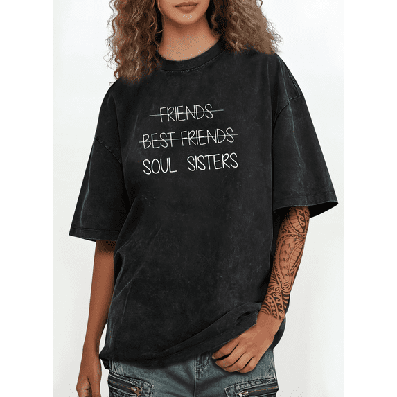 Women's "Friends Best Friends Soul Sisters" Graphic Breathable Washed T Shirt Casual Cotton Black S-2XL Plus Size
