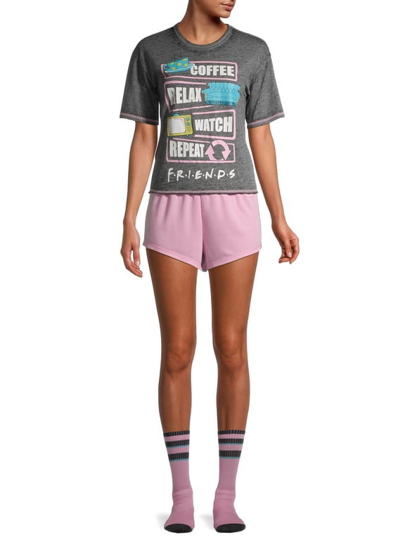 Women's Friends TV Show Pajama Set 3 PC Coffee Relax Watch Repeat Shirt And Shorts With Crew Socks