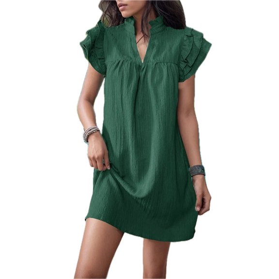 Women's Frill Notched Flounce Sleeve Mini Dress 100% Polyester Lightweight Sheer Layered Design for Party Occasions