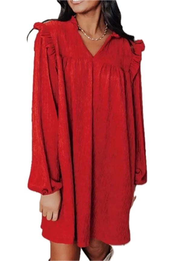 Women's Frill Notched Long Sleeve Dress with Sheer Overlay and Opaque Stretch Bodice 95% Polyester 5% Elastane