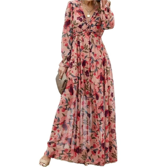 Women's Frill Printed V Neck Flounce Sleeve Dress in 100% Polyester Fabric for Elegant Everyday Wear and Easy Care