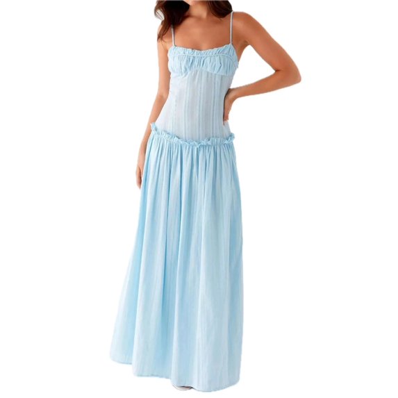 Women's Frill Spaghetti Strap Maxi Dress with Smocked Frill Stretch and 100% Polyester Fabric for Flowy Silhouette
