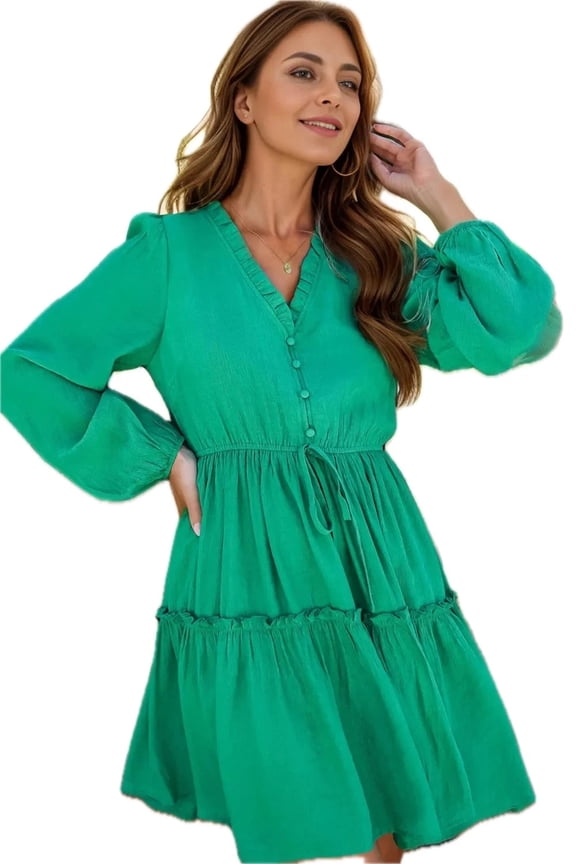Women's Frill V neck Long Sleeve Mini Dress with Tie Front and Sheer Ruffle Details Lyocell 85% Polyamide 15% Collection